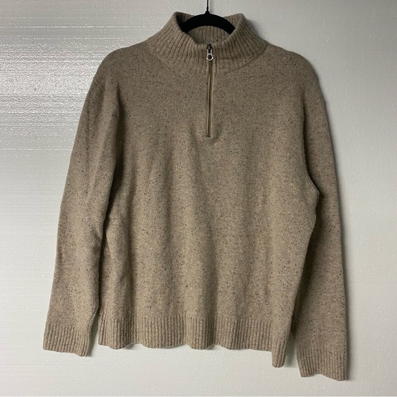J. Crew Sweater Confetti Men Large Tan Quarter Zip Merino Wool Blend Ribbed Trim - Picture 1 of 9